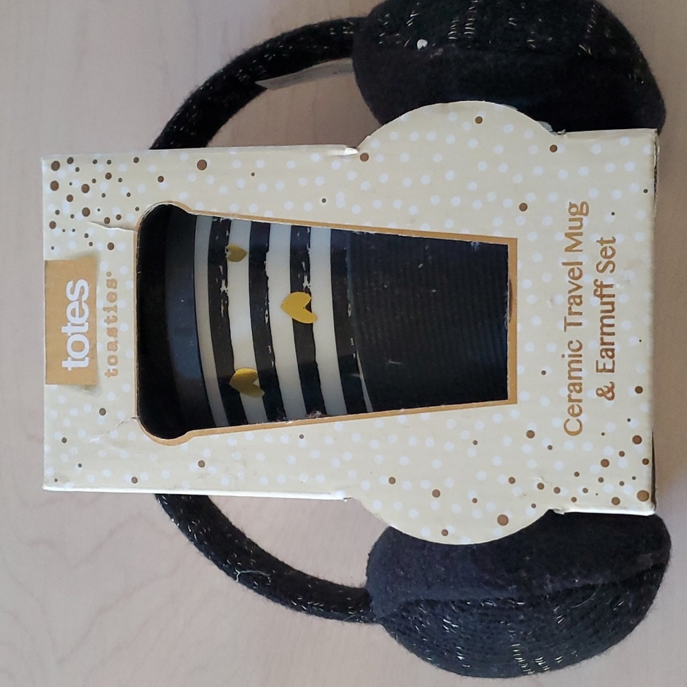 NWIB Totes Toasties Black, Gold, and White Ceramic Travel Mug and earmuff set.